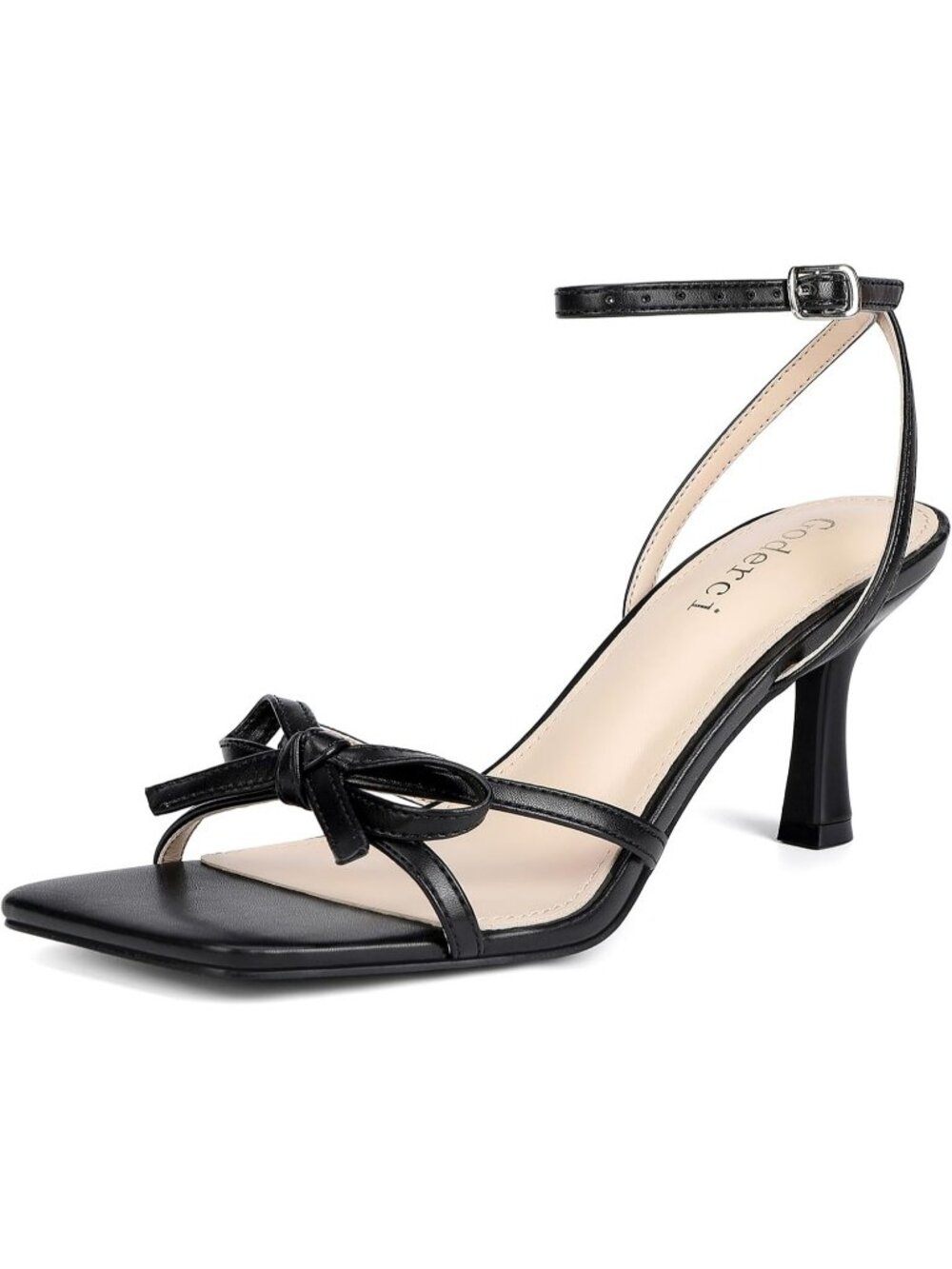 Women's Black Kitten Heels with Bow Strappy Square Open Toe Mid Heeled Sandals